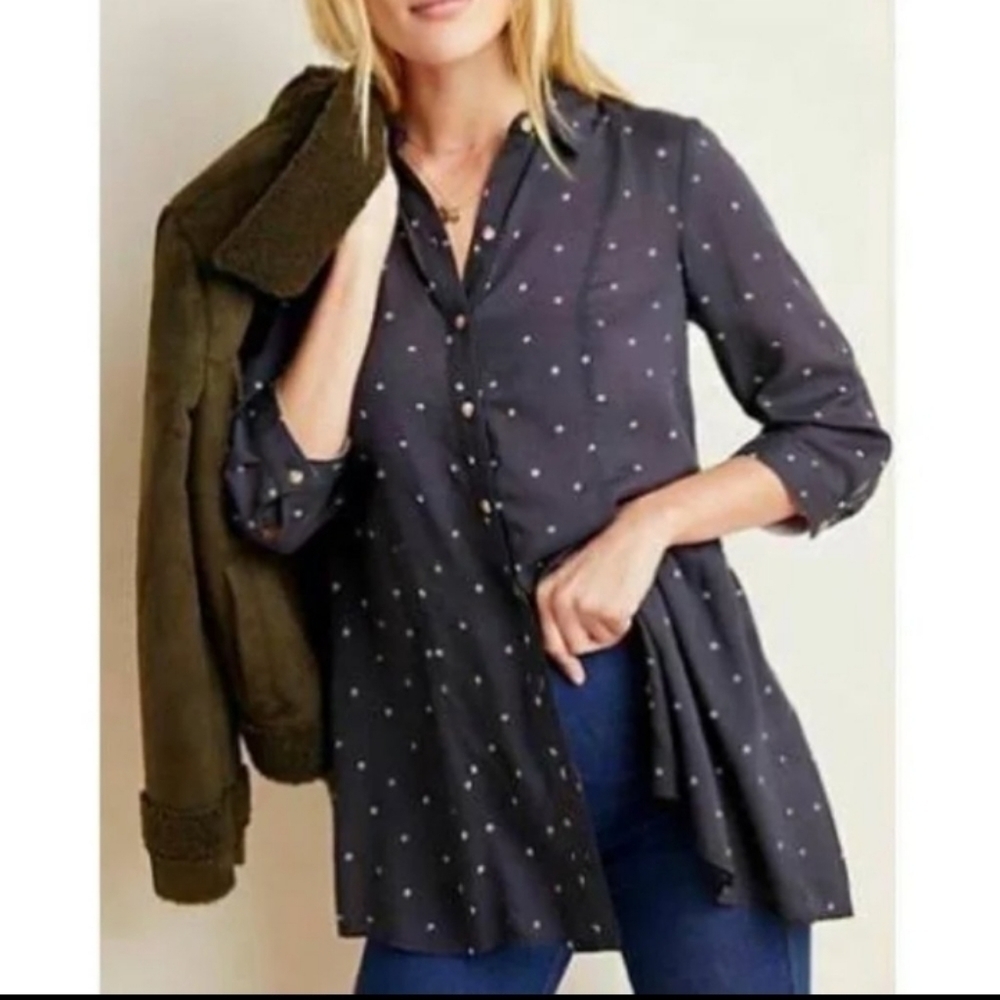 Anthropologie Maeve Circle Print Navy Modal Button Down Top Size Small